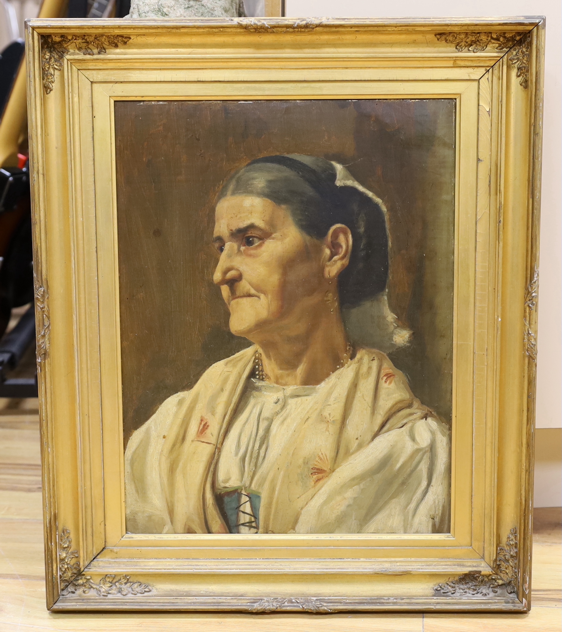 19th century continental school, oil on board, Half length portrait of a lady, gilt framed, 47 x 36cm